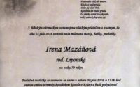 Smútočné oznámenie Irena Mazáňová
