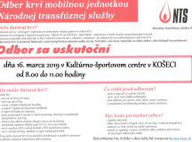 Odber krvi mobilnou jednotkou NTS v Košeci dňa 16. 3. 2019