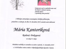 Smútočné oznámenie – Mária Kantoríková, rod. Prekopová